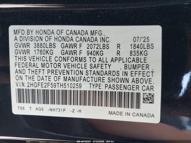 2HGFE2F59TH510259 Honda Civic Sport