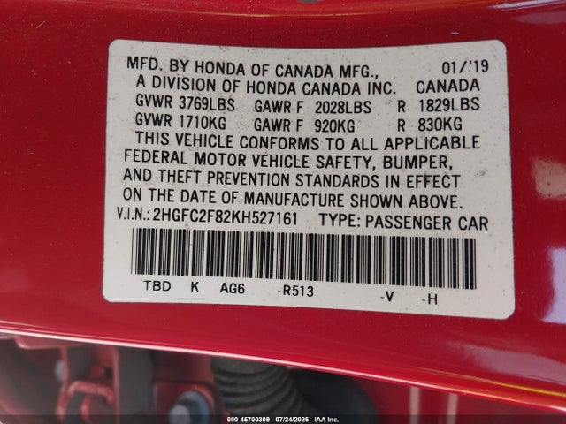 Honda Civic Sport 2019 2HGFC2F82KH527161 Image 9