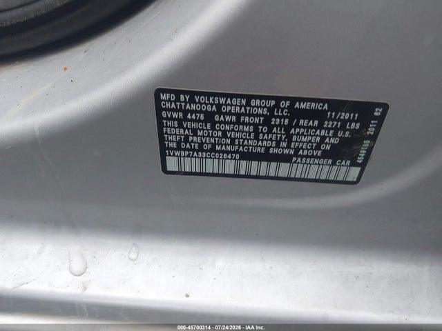 Aukcja sprzedaży 2012 Volkswagen Passat 2.5l Se, vin: 1VWBP7A33CC026470, numer aukcji: 45700314