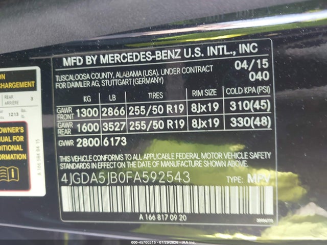 45700315 :رقم المزاد ، 4JGDA5JB0FA592543 vin ، 2015 Mercedes-benz Ml 350 مزاد بيع