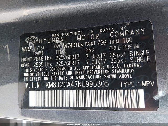 45700325 :رقم المزاد ، KM8J2CA47KU995305 vin ، 2019 Hyundai Tucson Se مزاد بيع