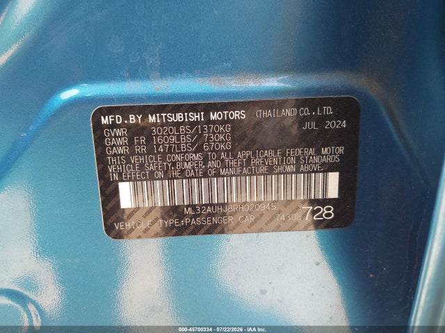 2024 Mitsubishi Mirage Es/le მანქანა იყიდება აუქციონზე, vin: ML32AUHJ8RH020945, აუქციონის ნომერი: 45700334