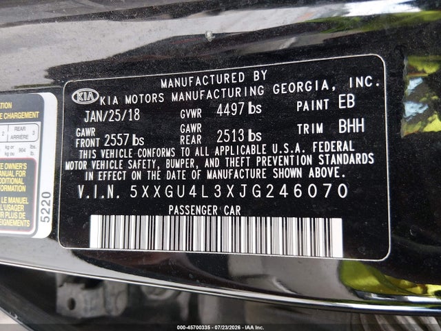 45700335 :رقم المزاد ، 5XXGU4L3XJG246070 vin ، 2018 Kia Optima Ex مزاد بيع