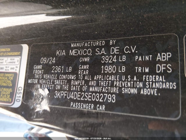 2025 Kia K4 Ex მანქანა იყიდება აუქციონზე, vin: 3KPFU4DE2SE032793, აუქციონის ნომერი: 45700339