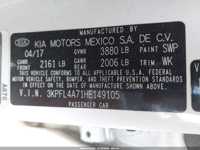 2017 Kia Forte Lx მანქანა იყიდება აუქციონზე, vin: 3KPFL4A71HE149105, აუქციონის ნომერი: 45700345