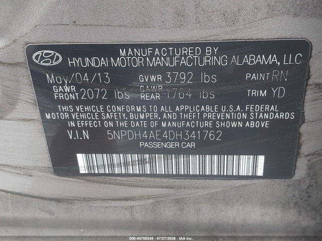 Продажа на аукционе авто 2013 Hyundai Elantra Gls, vin: 5NPDH4AE4DH341762, номер лота: 45700348