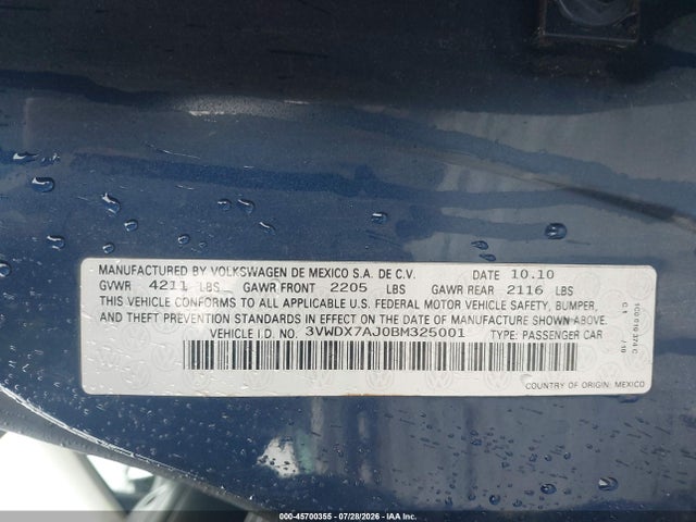2011 Volkswagen Jetta 2.5l Se მანქანა იყიდება აუქციონზე, vin: 3VWDX7AJ0BM325001, აუქციონის ნომერი: 45700355
