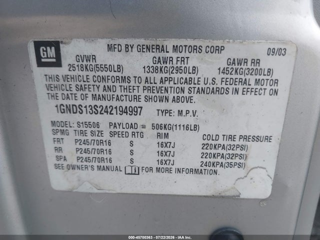 Aukcja sprzedaży 2004 Chevrolet Trailblazer Ls, vin: 1GNDS13S242194997, numer aukcji: 45700363