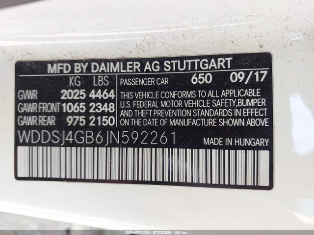 45700366 :رقم المزاد ، WDDSJ4GB6JN592261 vin ، 2018 Mercedes-benz Cla 250 4matic مزاد بيع