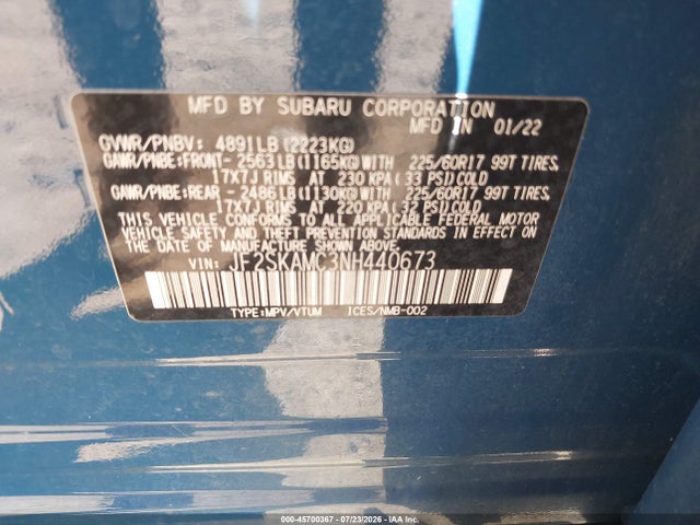 45700367 :رقم المزاد ، JF2SKAMC3NH440673 vin ، 2022 Subaru Forester Wilderness مزاد بيع
