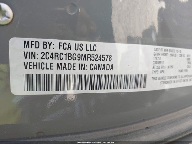 Aukcja sprzedaży 2021 Chrysler Pacifica Touring L, vin: 2C4RC1BG9MR524578, numer aukcji: 45700368