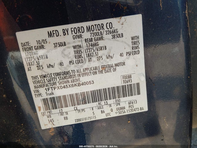 45700370 :رقم المزاد ، 1FTPX045X6KB40053 vin ، 2006 Ford F-150 Fx4/xlt مزاد بيع