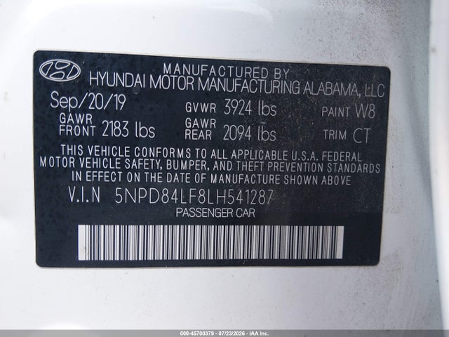 Продажа на аукционе авто 2020 Hyundai Elantra Sel, vin: 5NPD84LF8LH541287, номер лота: 45700379