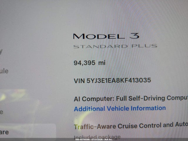 Aukcja sprzedaży 2019 Tesla Model 3 Long Range/mid Range/standard Range/standard Range Plus, vin: 5YJ3E1EA8KF413035, numer aukcji: 45700386