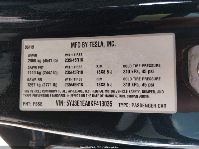 Aukcja sprzedaży 2019 Tesla Model 3 Long Range/mid Range/standard Range/standard Range Plus, vin: 5YJ3E1EA8KF413035, numer aukcji: 45700386