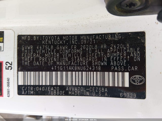 2022 Toyota Camry Se მანქანა იყიდება აუქციონზე, vin: 4T1G11AK8NU624318, აუქციონის ნომერი: 45700388