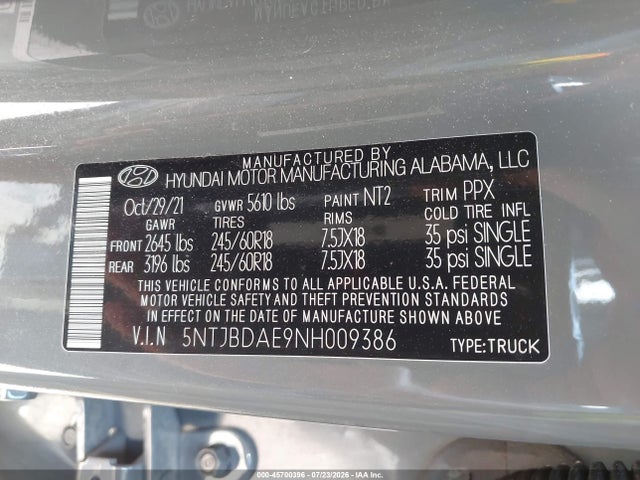 2022 Hyundai Santa Cruz Sel მანქანა იყიდება აუქციონზე, vin: 5NTJBDAE9NH009386, აუქციონის ნომერი: 45700396