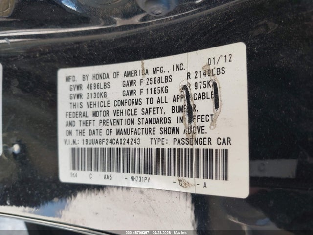 Продаж на аукціоні авто 2012 Acura Tl 3.5, vin: 19UUA8F24CA024243, номер лоту: 45700397