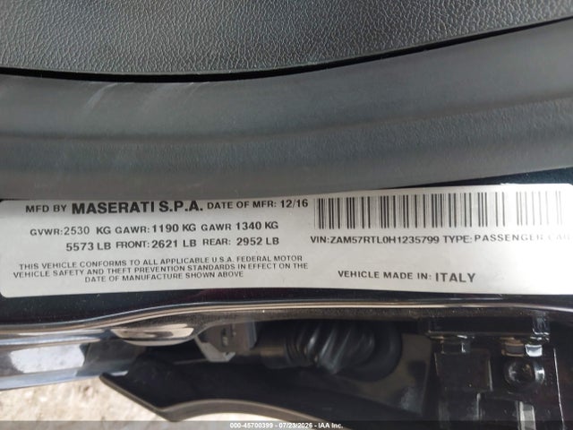Продажа на аукционе авто 2017 Maserati Ghibli S Q4, vin: ZAM57RTL0H1235799, номер лота: 45700399