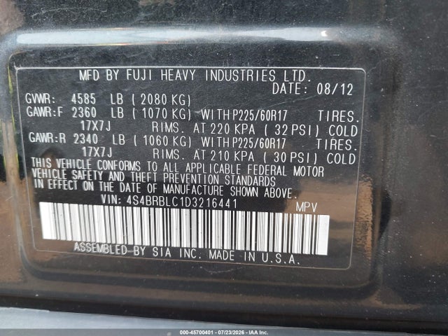 45700401 :رقم المزاد ، 4S4BRBLC1D3216441 vin ، 2013 Subaru Outback 2.5i Limited مزاد بيع