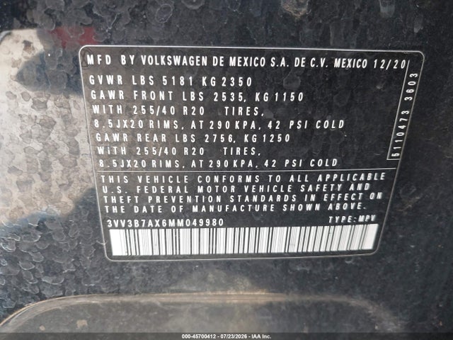 2021 Volkswagen Tiguan 2.0t Se/2.0t Se R-line Black/2.0t Sel მანქანა იყიდება აუქციონზე, vin: 3VV3B7AX6MM049980, აუქციონის ნომერი: 45700412