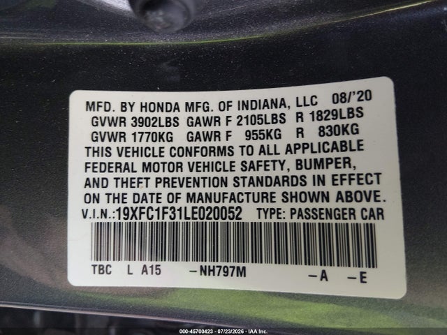 2020 Honda Civic Ex მანქანა იყიდება აუქციონზე, vin: 19XFC1F31LE020052, აუქციონის ნომერი: 45700423