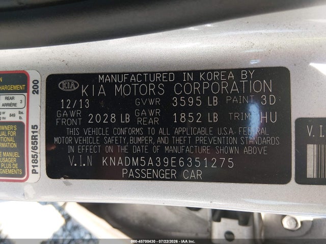 KIA RIO LX 2014 KNADM5A39E6351275 Image 9