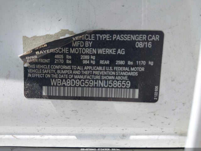 2017 Bmw 330i Xdrive მანქანა იყიდება აუქციონზე, vin: WBA8D9G59HNU58659, აუქციონის ნომერი: 45700443