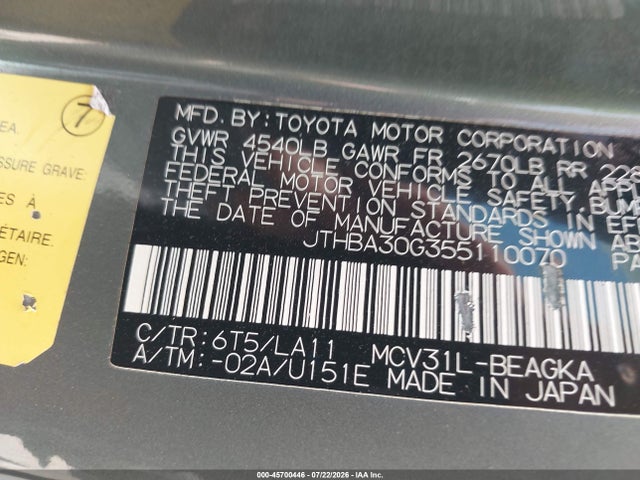 45700446 :رقم المزاد ، JTHBA30G355110070 vin ، 2005 Lexus Es 330 مزاد بيع