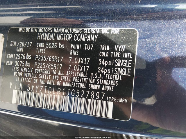 Продаж на аукціоні авто 2018 Hyundai Santa Fe Sport 2.4l, vin: 5XYZTDLB1JG527897, номер лоту: 45700450