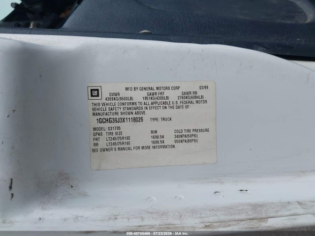 Продаж на аукціоні авто 1999 Chevrolet Express Cargo Van, vin: 1GCHG39J3X1118026, номер лоту: 45700466