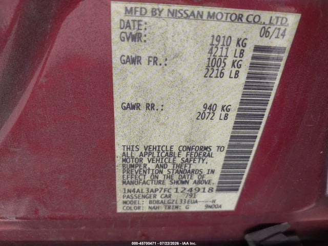 Nissan Altima 2.5 S 2015 1N4AL3AP7FC124918 Image 9