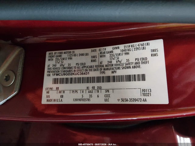 Продаж на аукціоні авто 2019 Ford Escape Se, vin: 1FMCU9GD2KUC36431, номер лоту: 45700475