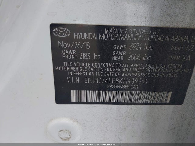 45700503 :رقم المزاد ، 5NPD74LF8KH439392 vin ، 2019 Hyundai Elantra Se مزاد بيع