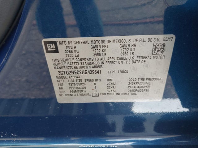 45700508 :رقم المزاد ، 3GTU2NEC2HG439641 vin ، 2017 Gmc Sierra 1500 Slt مزاد بيع