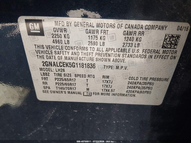 2016 Chevrolet Equinox Lt მანქანა იყიდება აუქციონზე, vin: 2GNALCEK5G1181836, აუქციონის ნომერი: 45700511