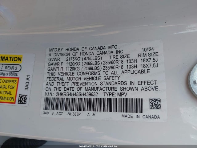 45700520 :رقم المزاد ، 2HKRS4H48SH439632 vin ، 2025 Honda Cr-v Ex Awd مزاد بيع