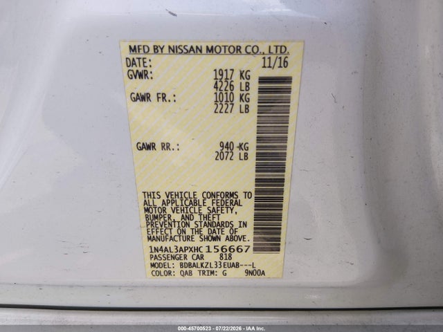 2017 Nissan Altima 2.5 Sv მანქანა იყიდება აუქციონზე, vin: 1N4AL3APXHC156667, აუქციონის ნომერი: 45700523
