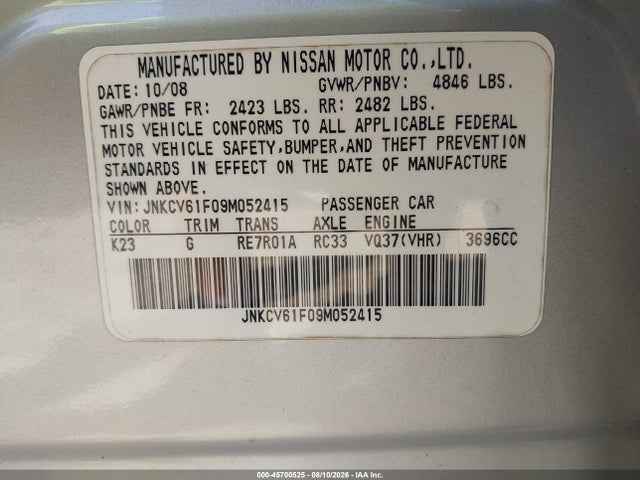 45700525 :رقم المزاد ، JNKCV61F09M052415 vin ، 2009 Infiniti G37x مزاد بيع