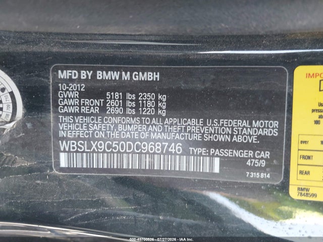 45700526 :رقم المزاد ، WBSLX9C50DC968746 vin ، 2013 Bmw M6 مزاد بيع