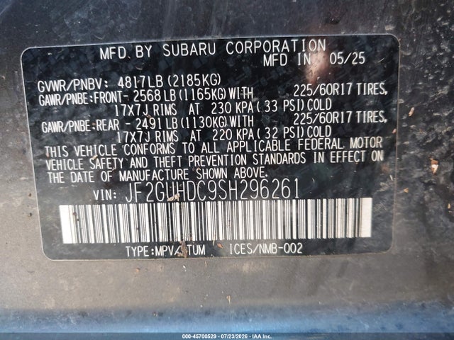 2025 Subaru Crosstrek Premium მანქანა იყიდება აუქციონზე, vin: JF2GUHDC9SH296261, აუქციონის ნომერი: 45700529