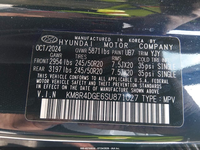 2025 Hyundai Palisade Sel Premium მანქანა იყიდება აუქციონზე, vin: KM8R4DGE6SU871027, აუქციონის ნომერი: 45700530