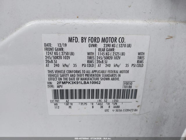 Aukcja sprzedaży 2020 Ford Edge Titanium, vin: 2FMPK3K91LBA10962, numer aukcji: 45700544