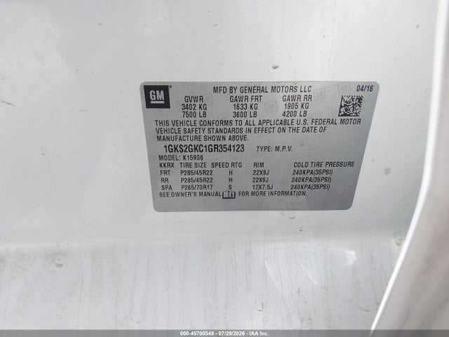 Продажа на аукционе авто 2016 Gmc Yukon Xl Slt, vin: 1GKS2GKC1GR354123, номер лота: 45700549