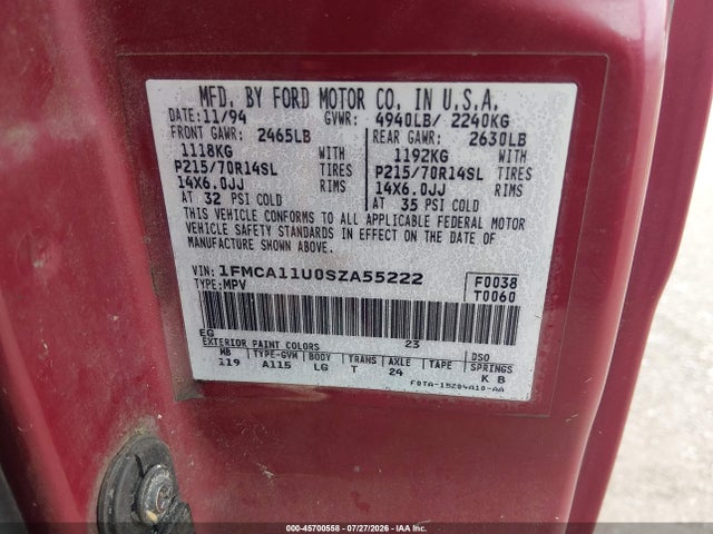 45700558 :رقم المزاد ، 1FMCA11U0SZA55222 vin ، 1995 Ford Aerostar مزاد بيع