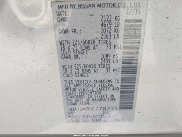 5N1AT2MV9GC778735 Nissan Rogue S/sl/sv