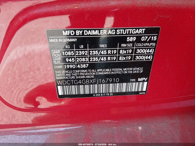 WDCTG4GBXFJ167910 Mercedes-Benz Gla 250 4matic