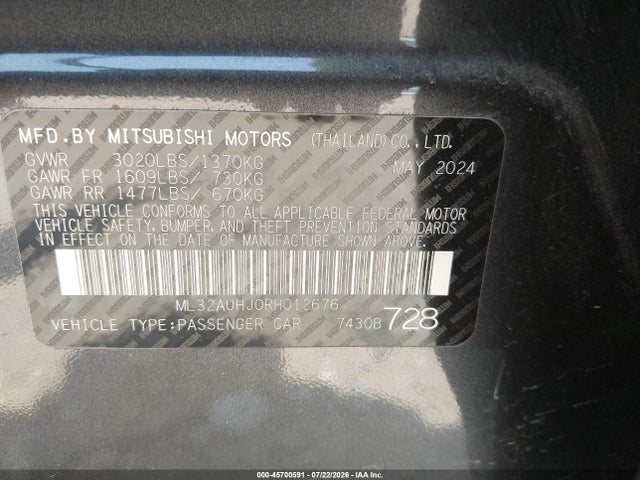 45700591 :رقم المزاد ، ML32AUHJ0RH012676 vin ، 2024 Mitsubishi Mirage Es/le مزاد بيع