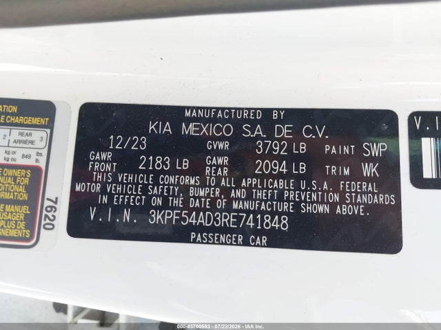 2024 Kia Forte Gt-line მანქანა იყიდება აუქციონზე, vin: 3KPF54AD3RE741848, აუქციონის ნომერი: 45700593