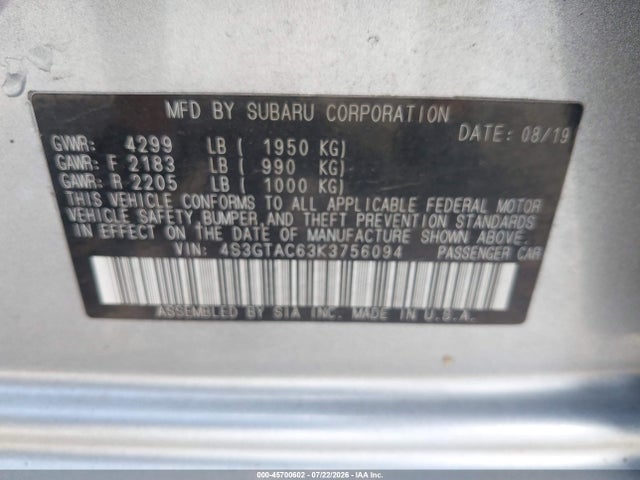 45700602 :رقم المزاد ، 4S3GTAC63K3756094 vin ، 2019 Subaru Impreza 2.0i Premium مزاد بيع